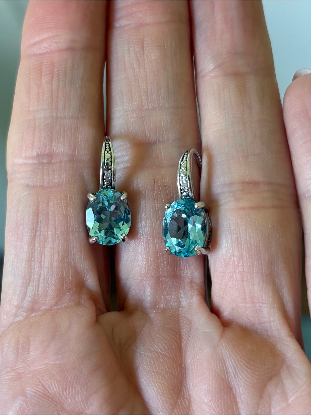 Sterling Silver Aquamarine & Diamond Drop Earrings